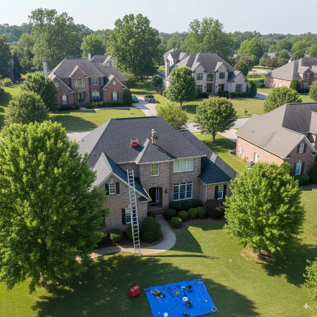 Professional roof repair service in Vestavia Hills, AL showing expert technicians at work.